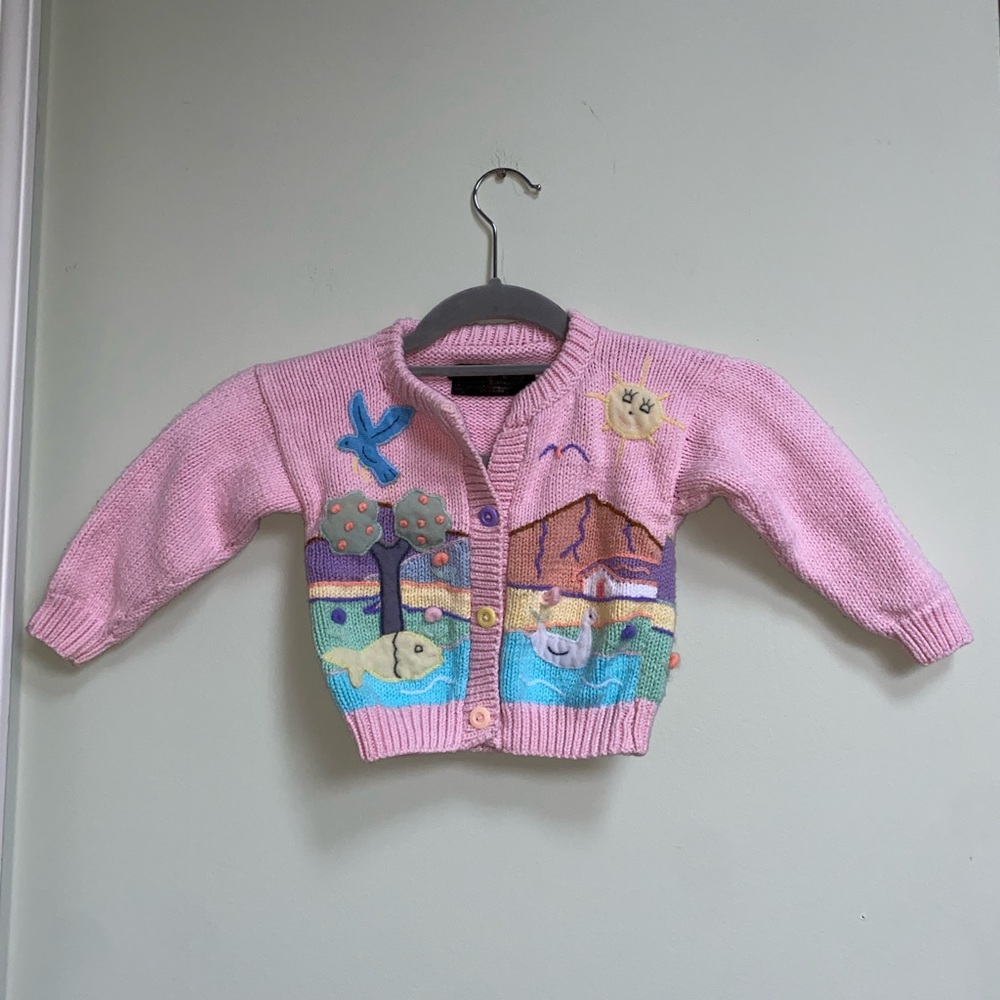 Vintage handmade cardigan embroidered size 2t pink knitted sweater uniqu…